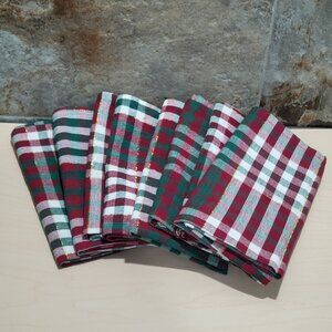 Cotton Square Cloth Napkin Raspberry Plaid Plum Green Gold Metallic Set of 8